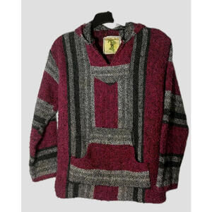 Vtg IGUANA JACK Baja Hoodie Drug Rug Sz  Large Purple Multi Color Mexican Poncho